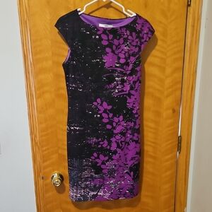 Ann Taylor Black and Purple Floral Midi Sheath Dress